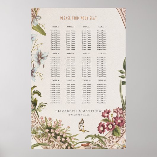 Wildflowers Seating Chart Vintage Wedding ポスター (正面)