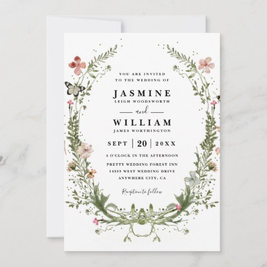 Wildflowers Spring Wreath Rustic QR Code Wedding 招待状 (正面)
