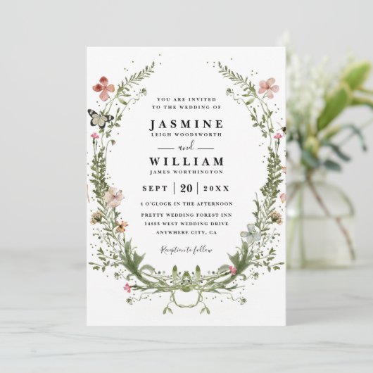 Wildflowers Spring Wreath Rustic QR Code Wedding 招待状 (スタンド正面)