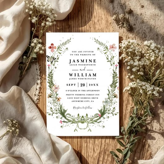 Wildflowers Spring Wreath Rustic QR Code Wedding 招待状