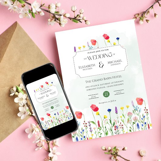 Wildflowers Wedding Invite Floral Print or Digital 招待状
