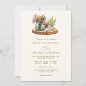 Wildflowers wood Mason Jars Boho QR Code Wedding 招待状 (正面)