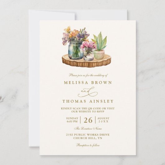 Wildflowers wood Mason Jars Boho QR Code Wedding 招待状 (正面)