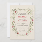 Wildflowers Wreath Red Flowers QR Code Wedding 招待状 (正面)