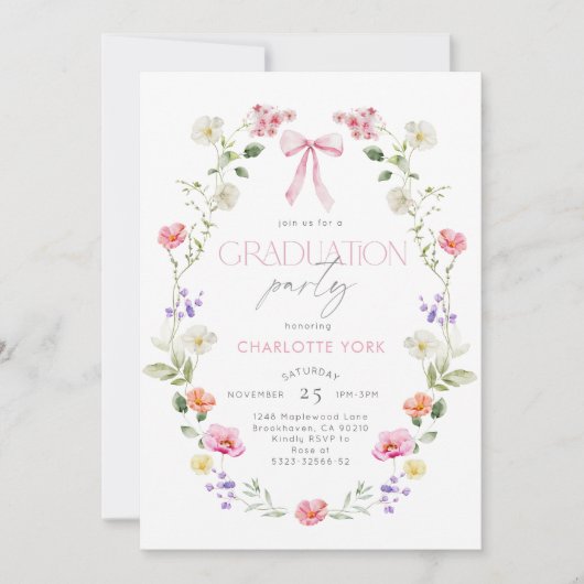 Wildlfower Graduation party Pink Bow 招待状 (正面)