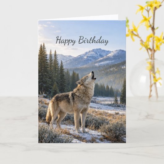 Wildlife Howling Gray Wolf Birthday カード (黄色い花)