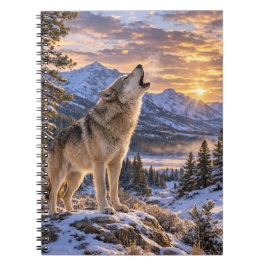 Wildlife Howling Gray Wolf Mountain Sunset Scene ノートブック