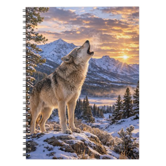 Wildlife Howling Gray Wolf Mountain Sunset Scene ノートブック (正面)