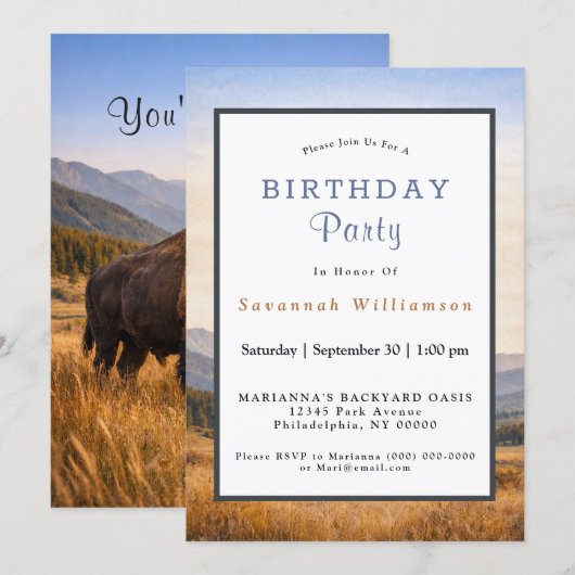 Wildlife Landscape American Bison Birthday 招待状 (正面/裏面)