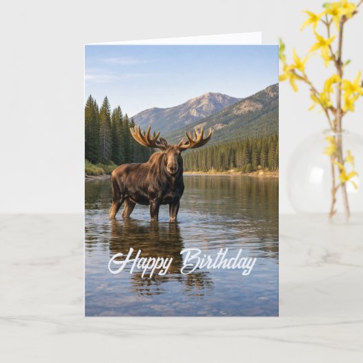 Wildlife Moose Mountain River Birthday カード (黄色い花)