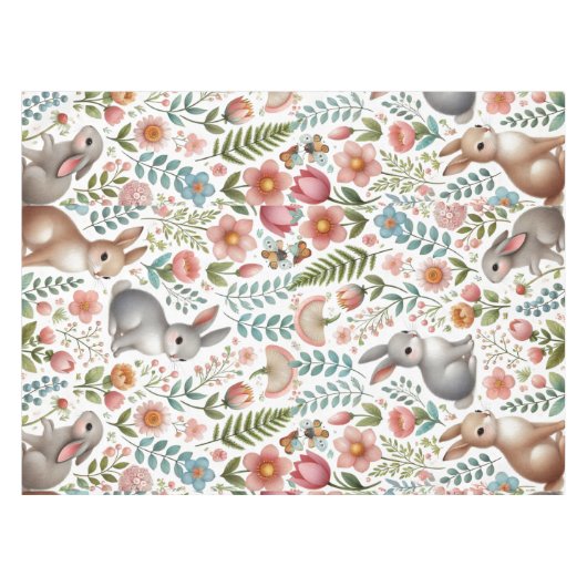 Wildlife Rabbit Pink Floral Pattern Tablecloth テーブルクロス (正面(横))