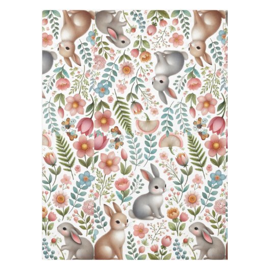 Wildlife Rabbit Pink Floral Pattern Tablecloth テーブルクロス (正面)