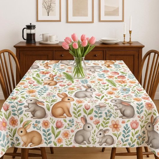 Wildlife Rabbit Pink Floral Pattern Tablecloth テーブルクロス
