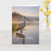 Wildlife Sandhill Crane Misty Lake Scene Birthday カード (黄色い花)