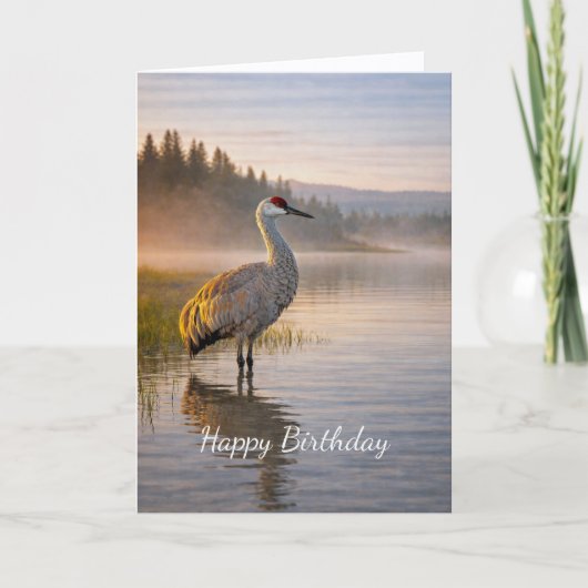Wildlife Sandhill Crane Misty Lake Scene Birthday カード (正面)