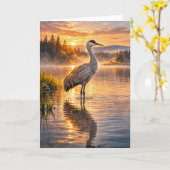 Wildlife Sandhill Crane Reflective Lake Scene カード (黄色い花)