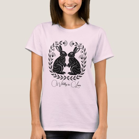 Wildly in Love | Linocut Rabbits Romantic Tシャツ (正面)