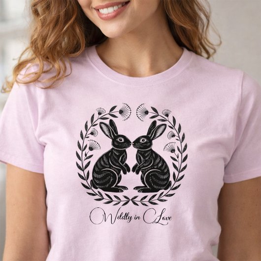 Wildly in Love | Linocut Rabbits Romantic Tシャツ