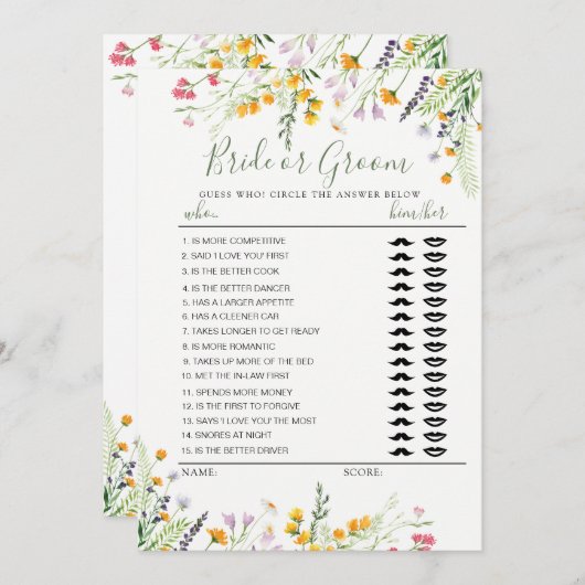 Wilflowers花嫁または花婿ゲームの完全編集可能カード 招待状 (正面/裏面)