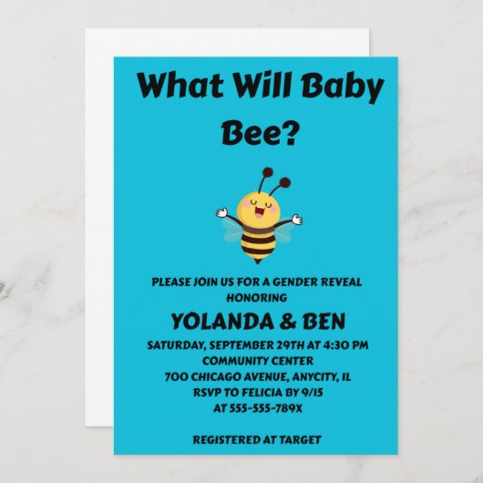 Will Beeベビー性がパーティーを明らかにする 招待状 (正面/裏面)