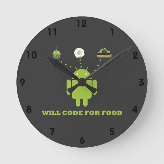 Will Code For Food (アンドロイド・ソフトウェア開発者) ラウンド壁時計 (正面)