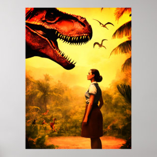 Will the T-Rex Get the Girl in the Forest on Wall ポスター