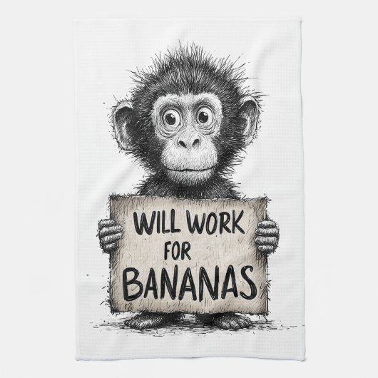 Will Work for Bananas - Humorous Monkey Sketch キッチンタオル (縦)