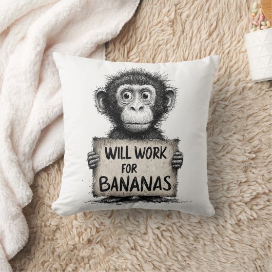 Will Work for Bananas - Humorous Monkey Sketch クッション (ブランケット)