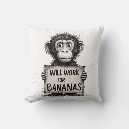 Will Work for Bananas - Humorous Monkey Sketch クッション (正面)