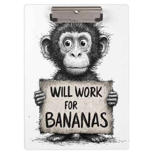 Will Work for Bananas - Humorous Monkey Sketch クリップボード (正面)