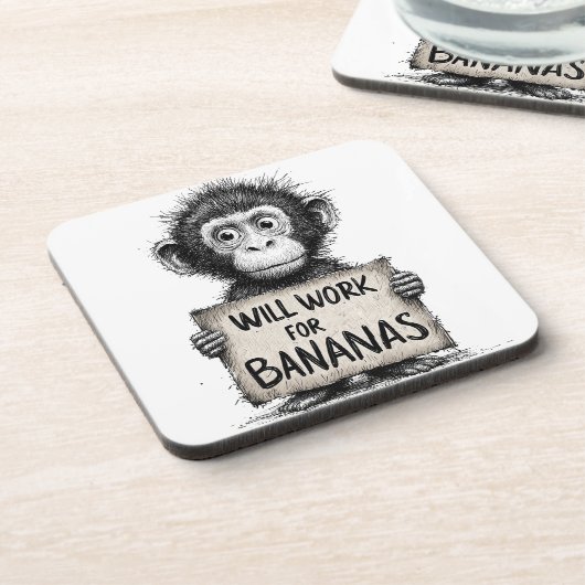 Will Work for Bananas - Humorous Monkey Sketch コースター (左側)