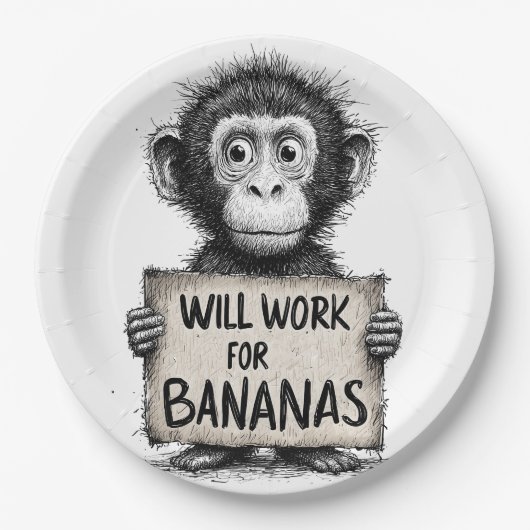 Will Work for Bananas - Humorous Monkey Sketch ペーパープレート (正面)