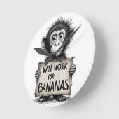 Will Work for Bananas - Humorous Monkey Sketch ラウンド壁時計 (傾斜)