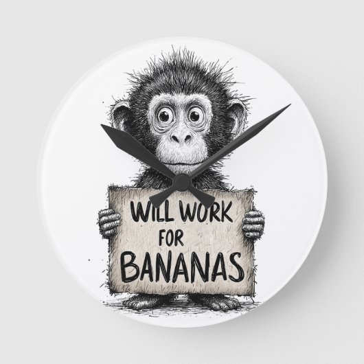 Will Work for Bananas - Humorous Monkey Sketch ラウンド壁時計 (正面)