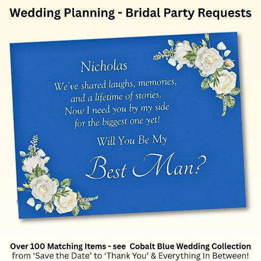 Will You Be My Best Man?  Cobalt Blue & White Rose