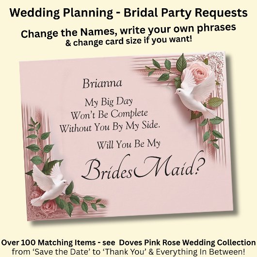 Will You Be My Bridesmaid? ピンクのバラと鳩のウェディング