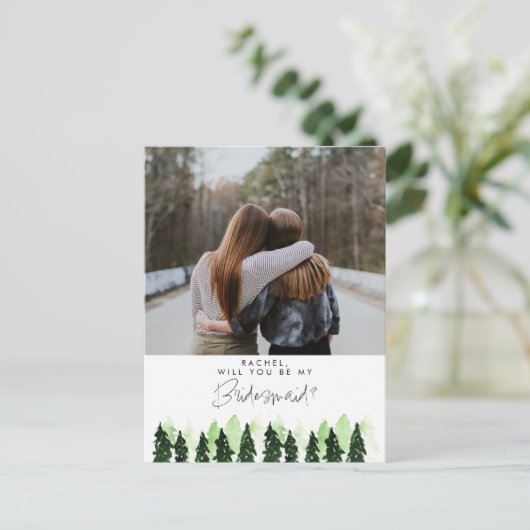 Will you be my Bridesmaid Rustic Pine Tree Winter ポストカード (スタンド正面)