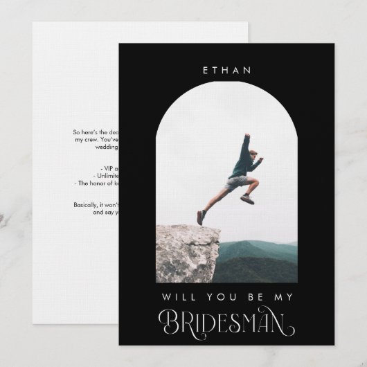 Will you be my Bridesman Minimal Photo Black Arch 招待状 (正面/裏面)