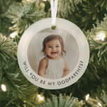 Will You Be My Godparents Photo Proposal ガラスオーナメント<br><div class="desc">Looking for a sweet way to ask a loved one to be your baby's Godparents? This modern, minimalist design is the perfect way to pop the question! Whether you're asking a family member or close friends, this will help you create a heartfelt moment that they'll remember forever, featuring a photo...</div>