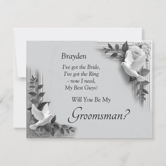 Will You Be My Groomsman? Grey Roses & Doves (正面)