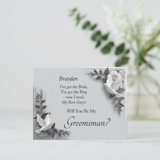 Will You Be My Groomsman? Grey Roses & Doves (スタンド正面)