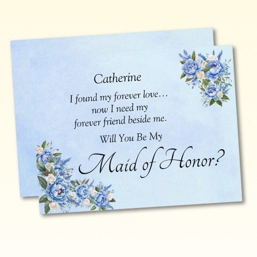 Will You Be My Maid of Honor?  Blue Peony Card