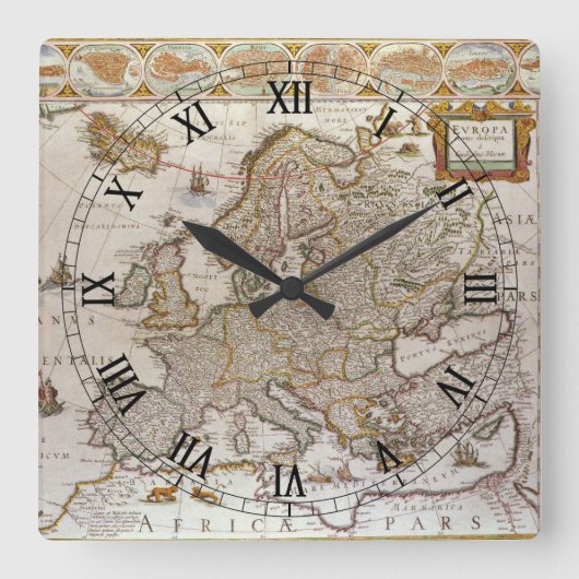 Willem Jansz Blaeuによる1617年頃のヨーロッパの古地図 スクエア壁時計 (正面)