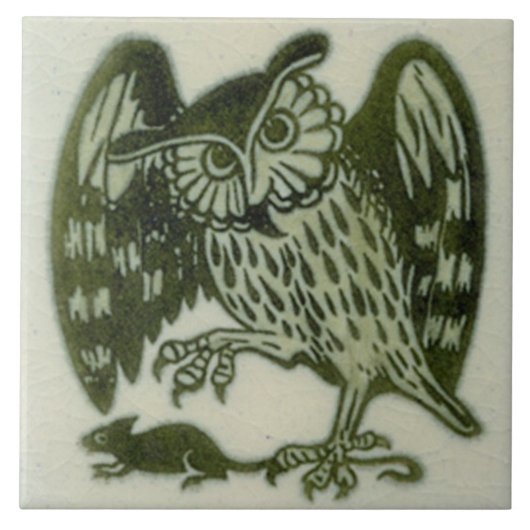 William De Morgan 1800s Repro Green Owl & Rat タイル (正面)