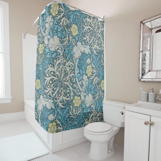 William Morris,アールヌーボー模様，海藻，青，f シャワーカーテン (インサイチュ)