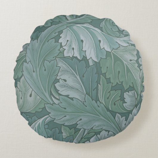 William Morris Acanthus Leaf Teal Blue Pattern ラウンドクッション (正面)