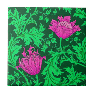 William Morris Anemone、エメラルド・グリーン、明るい赤紫色 タイル