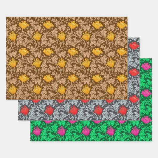 William Morris Anemone、金ゴールド、Red & Green ラッピングペーパーシート (セット)
