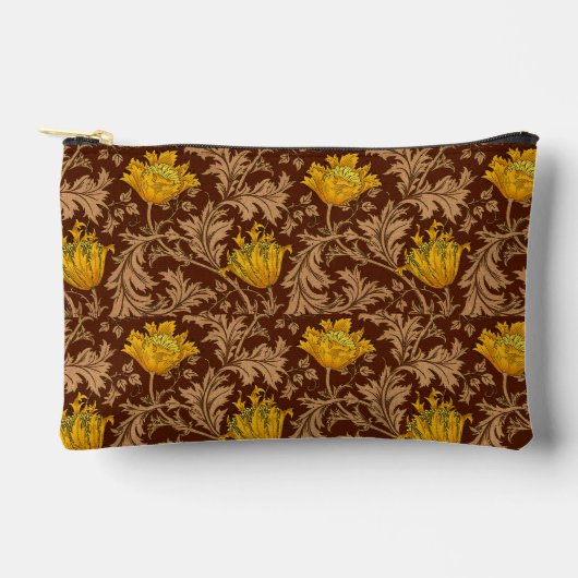 William Morris Anemone、BrownおよびMustard金ゴールド アクセサリーポーチ (正面)