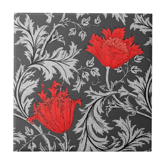 William Morris Anemone、Gray/Gray/Red タイル (正面)
